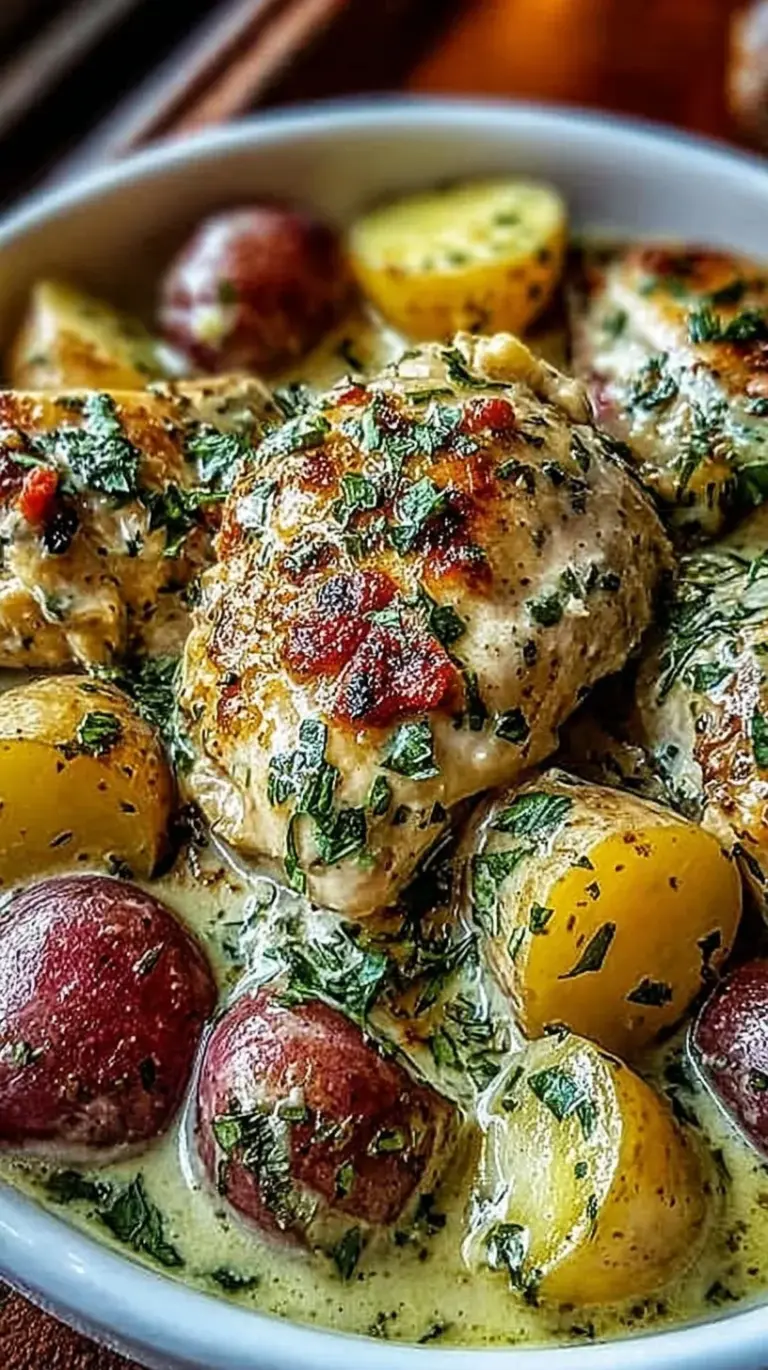 A slow cooker filled with golden potatoes and tender chicken chunks coated in garlic parmesan seasoning and fresh parsley.