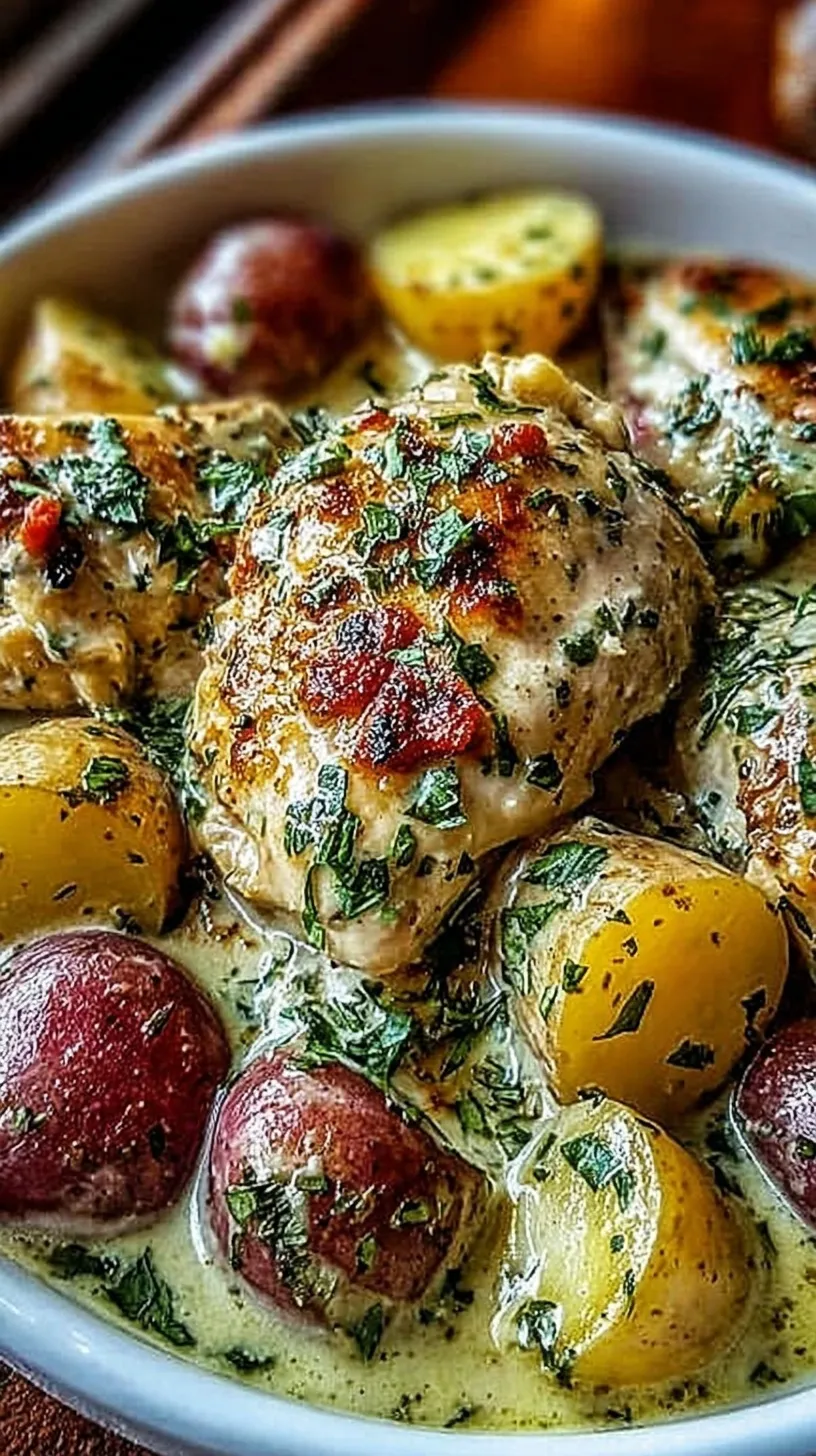A slow cooker filled with golden potatoes and tender chicken chunks coated in garlic parmesan seasoning and fresh parsley.