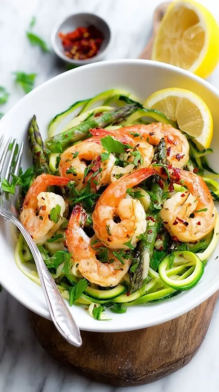 A skillet filled with sautéed garlic shrimp, green asparagus tips, and spiralized zucchini noodles garnished with parsley.