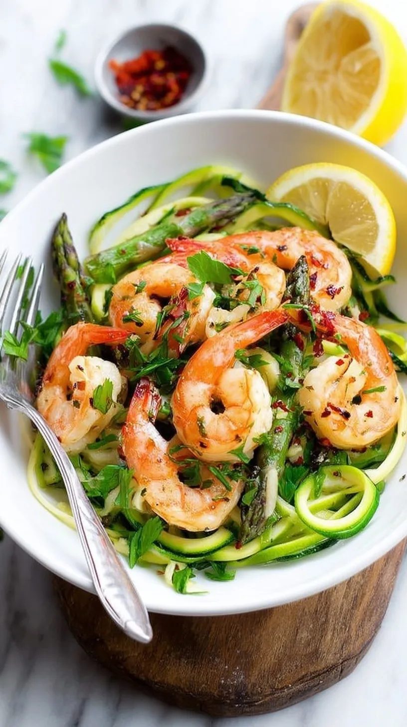 A skillet filled with sautéed garlic shrimp, green asparagus tips, and spiralized zucchini noodles garnished with parsley.