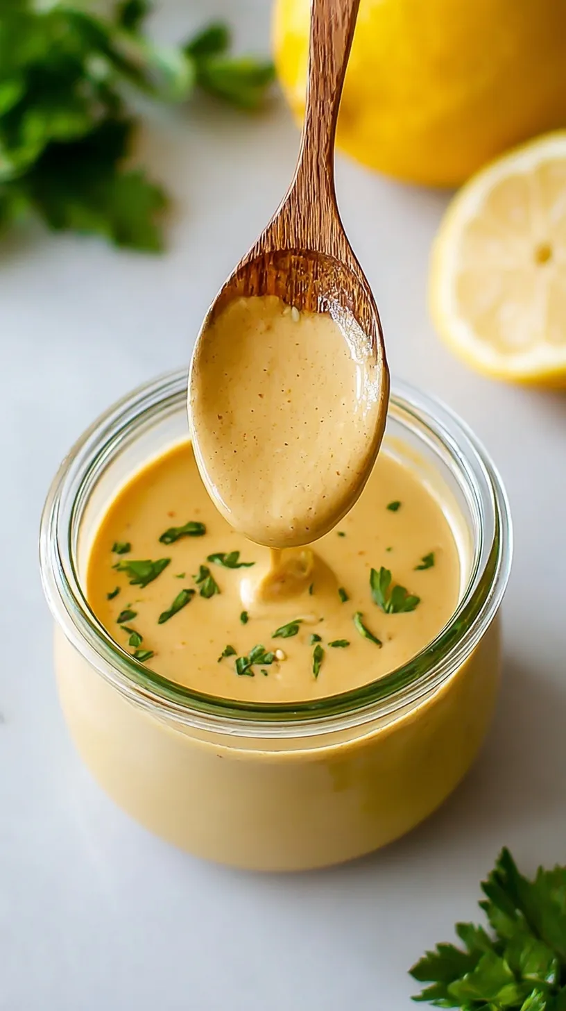 A jar of smooth and creamy garlic tahini dressing next to fresh lemons and garlic cloves