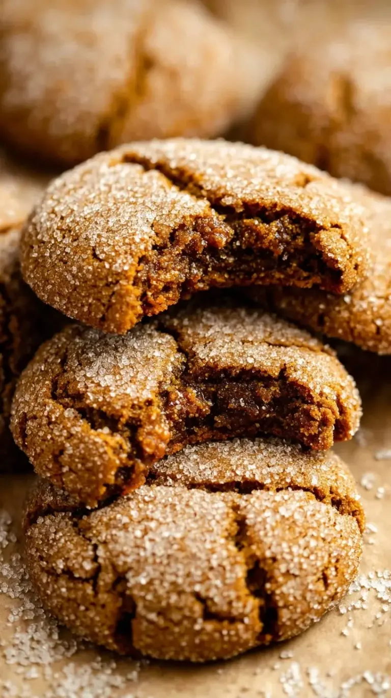 A stack of golden brown gingersnap cookies with visible sugar crystals and characteristic cracks on a white cooling rack.