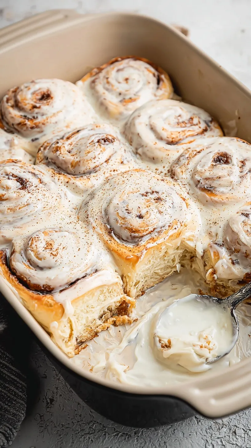 Freshly baked gluten-free cinnamon rolls with melting cream cheese frosting in a baking pan