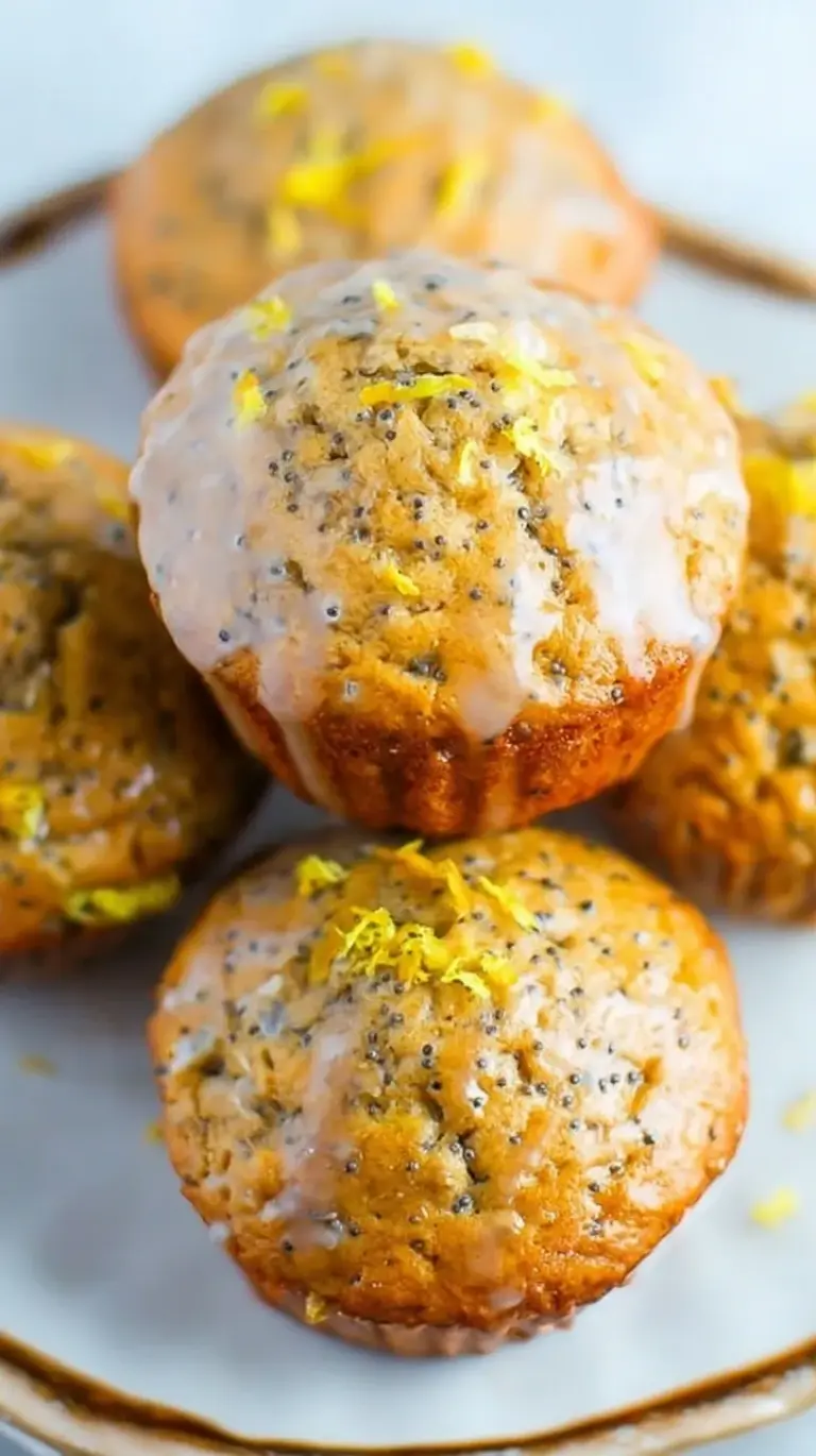 Freshly baked gluten-free lemon poppy seed muffins on a cooling rack with lemon slices.