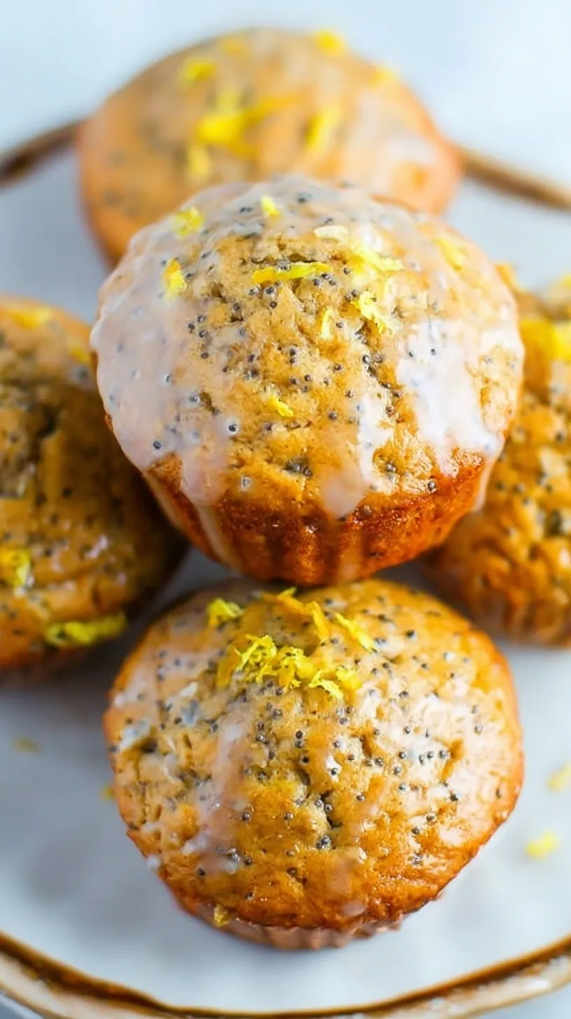 Freshly baked gluten-free lemon poppy seed muffins on a cooling rack with lemon slices.