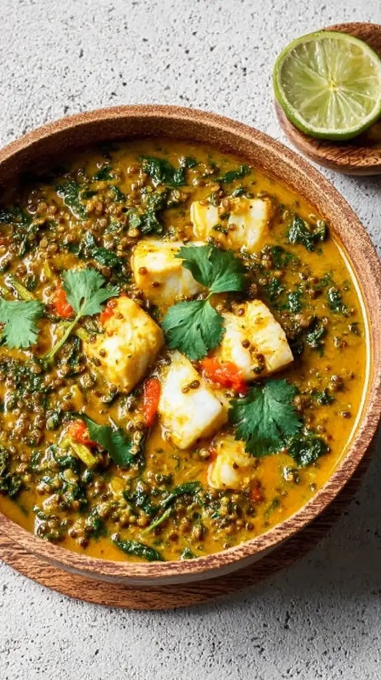 A vibrant orange Goan Style Fish Curry in a clay pot served with steamed white rice