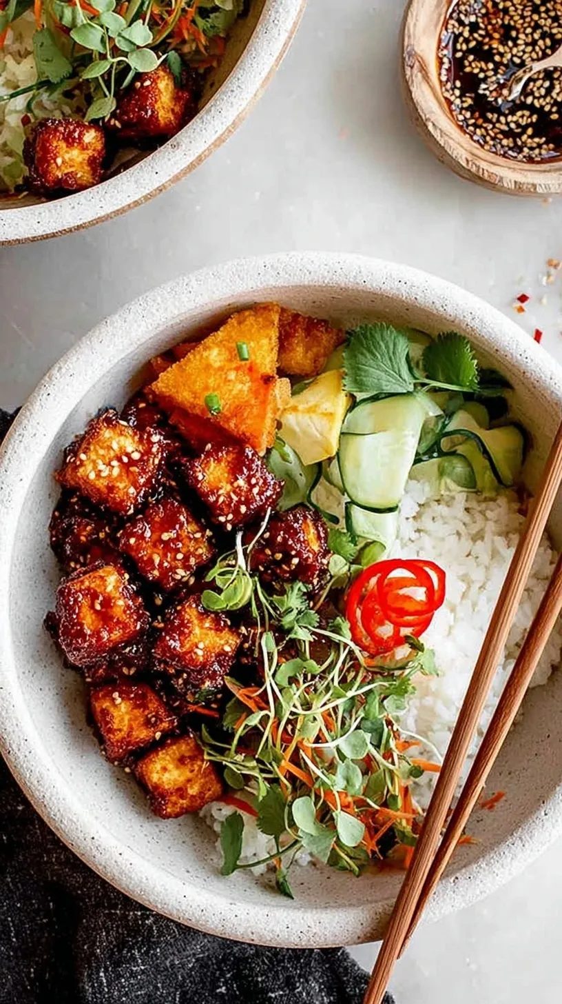 Crispy cubed tofu glazed in a red spicy gochujang sauce with green scallions and sesame seeds on top
