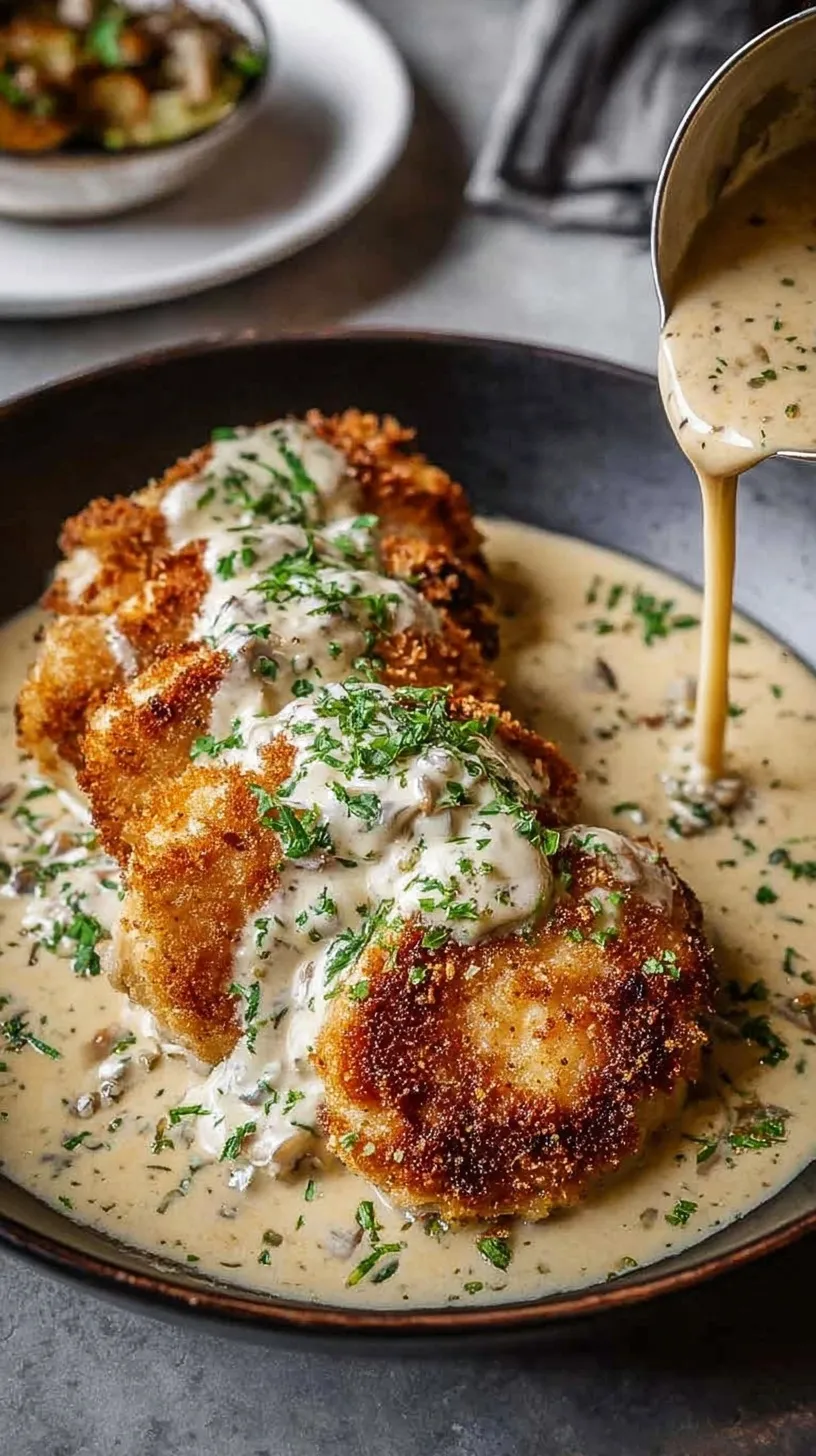 Pan-seared golden parmesan chicken cutlets drizzled with a white garlic cream sauce and fresh parsley