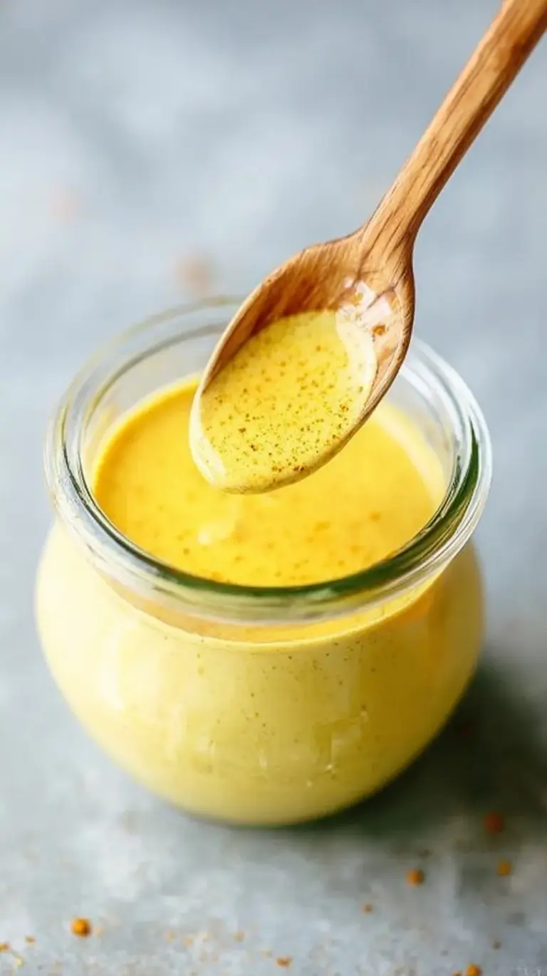A glass jar filled with vibrant yellow turmeric tahini dressing next to fresh lemons and sesame seeds.
