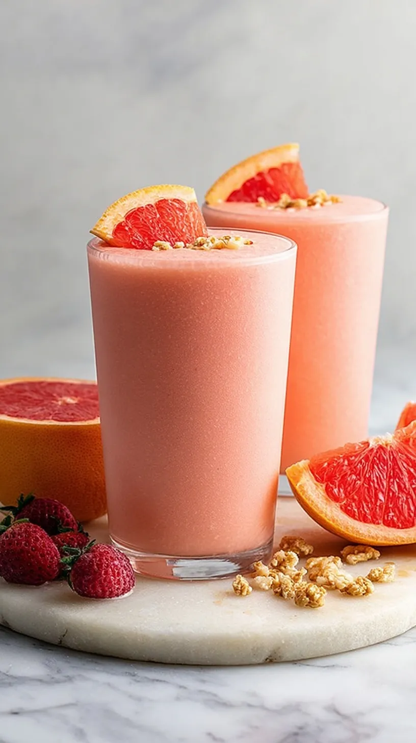 A vibrant pink grapefruit smoothie in a chilled glass with a straw