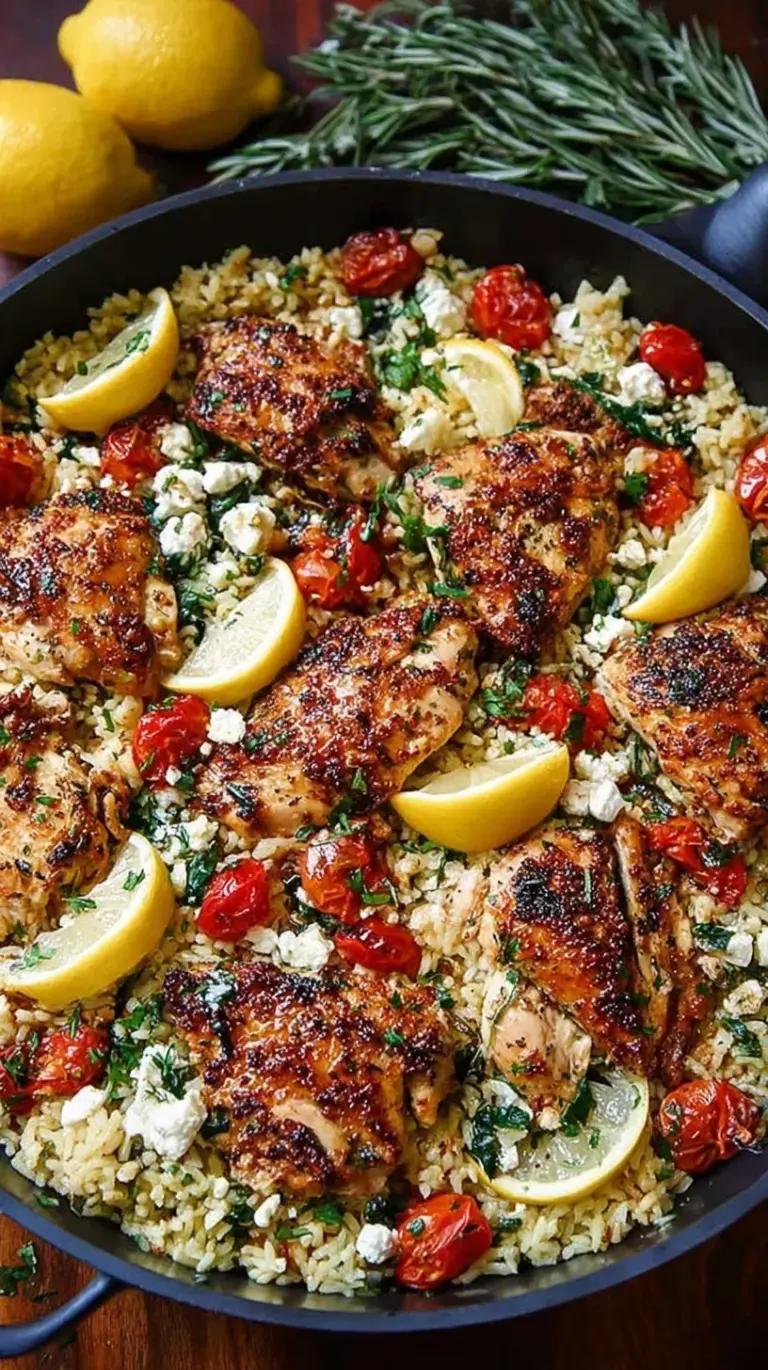 A large skillet filled with yellow lemon rice, seared chicken pieces, crumbled feta cheese, and fresh parsley.