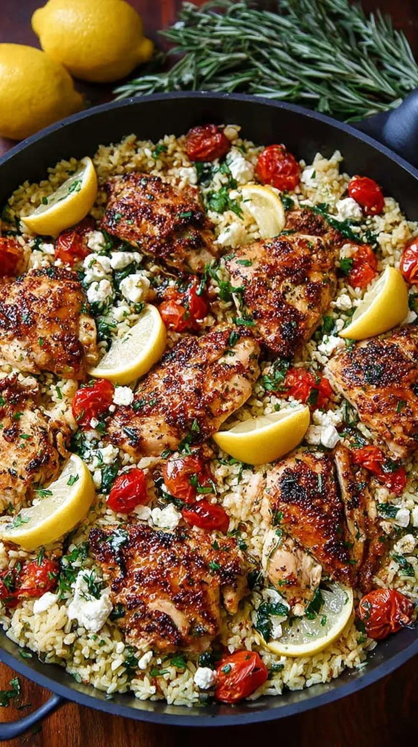 A large skillet filled with yellow lemon rice, seared chicken pieces, crumbled feta cheese, and fresh parsley.