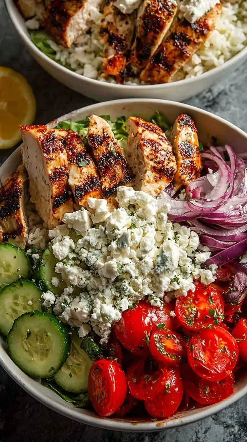 A vibrant Greek chicken bowl with lemon rice, grilled chicken, cucumbers, tomatoes, and a dollop of tzatziki.