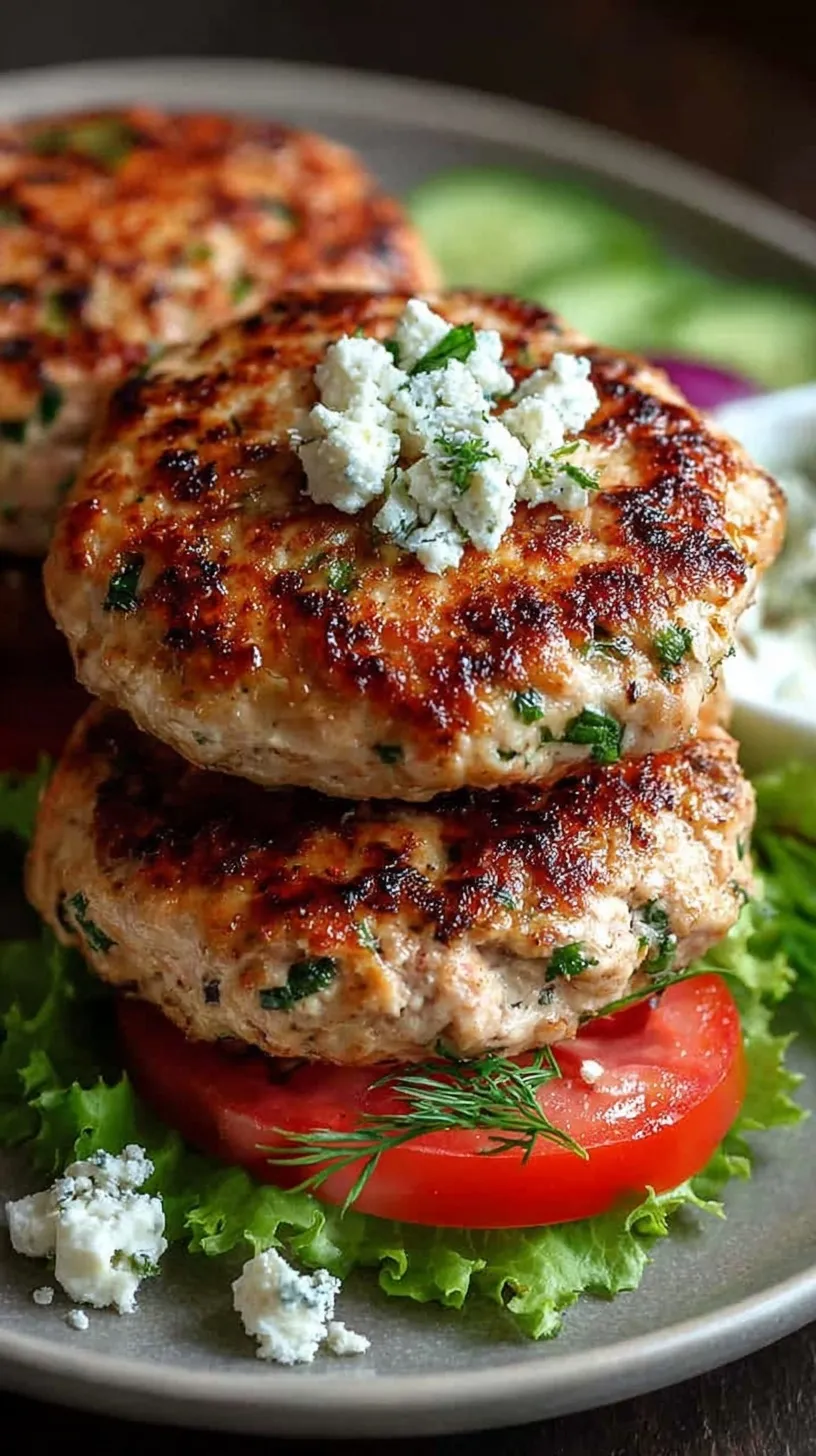 A juicy Greek chicken burger on a toasted brioche bun with tzatziki, cucumber, and tomato slices.