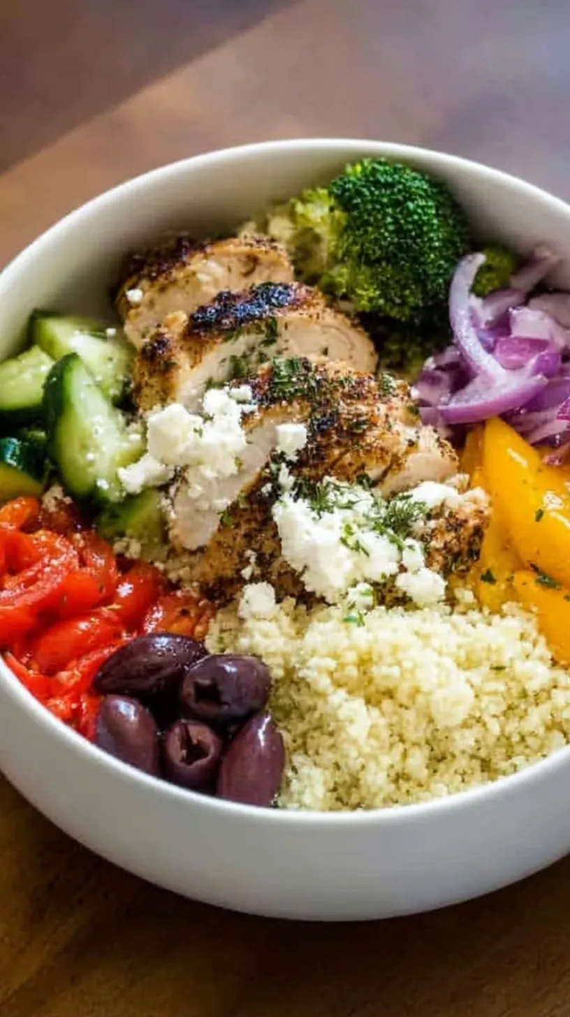 A vibrant Greek chicken couscous bowl with fresh cucumbers, tomatoes, and creamy tzatziki.