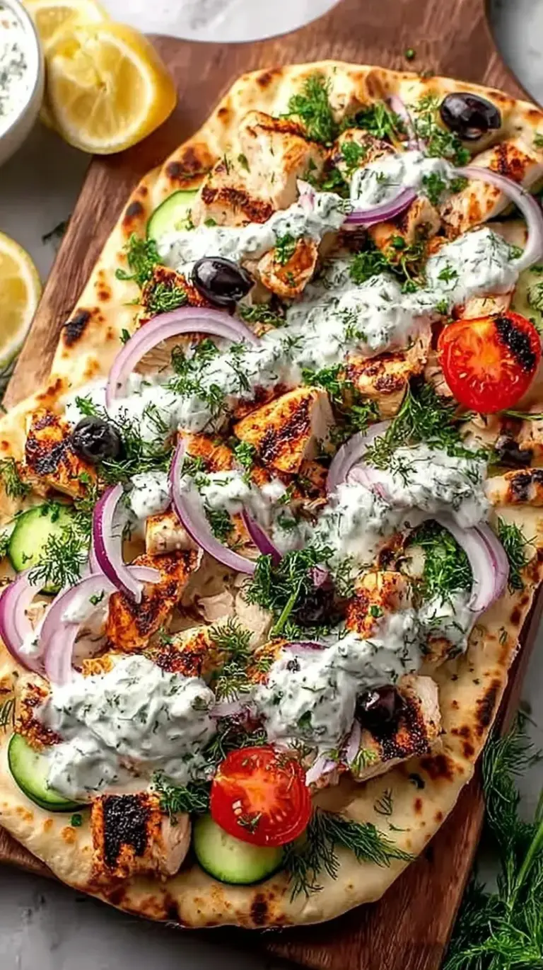 A colorful Greek chicken flatbread topped with fresh cucumbers, tomatoes, and feta cheese on a wooden board.