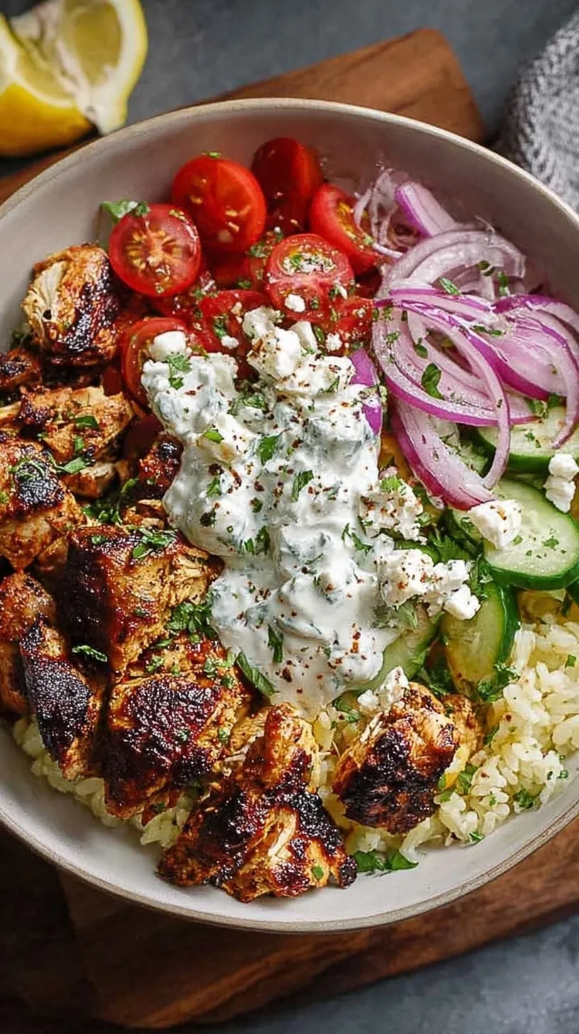 A colorful Greek Chicken Gyro Bowl with lemon chicken, cucumber, tomatoes, and tzatziki over white rice