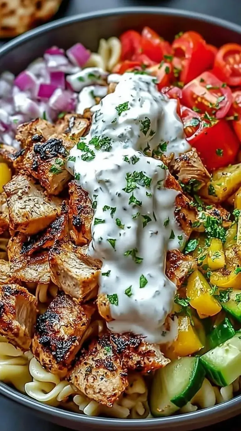 A bowl of Greek chicken gyro pasta with feta, olives, and fresh cucumbers