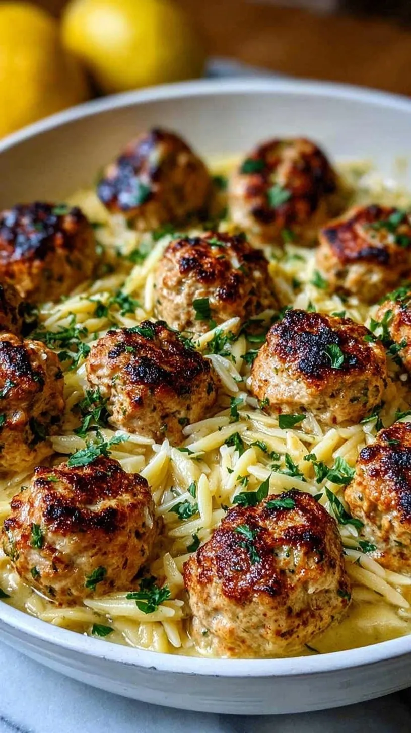 Golden pan-seared chicken meatballs served over buttery lemon orzo with fresh spinach