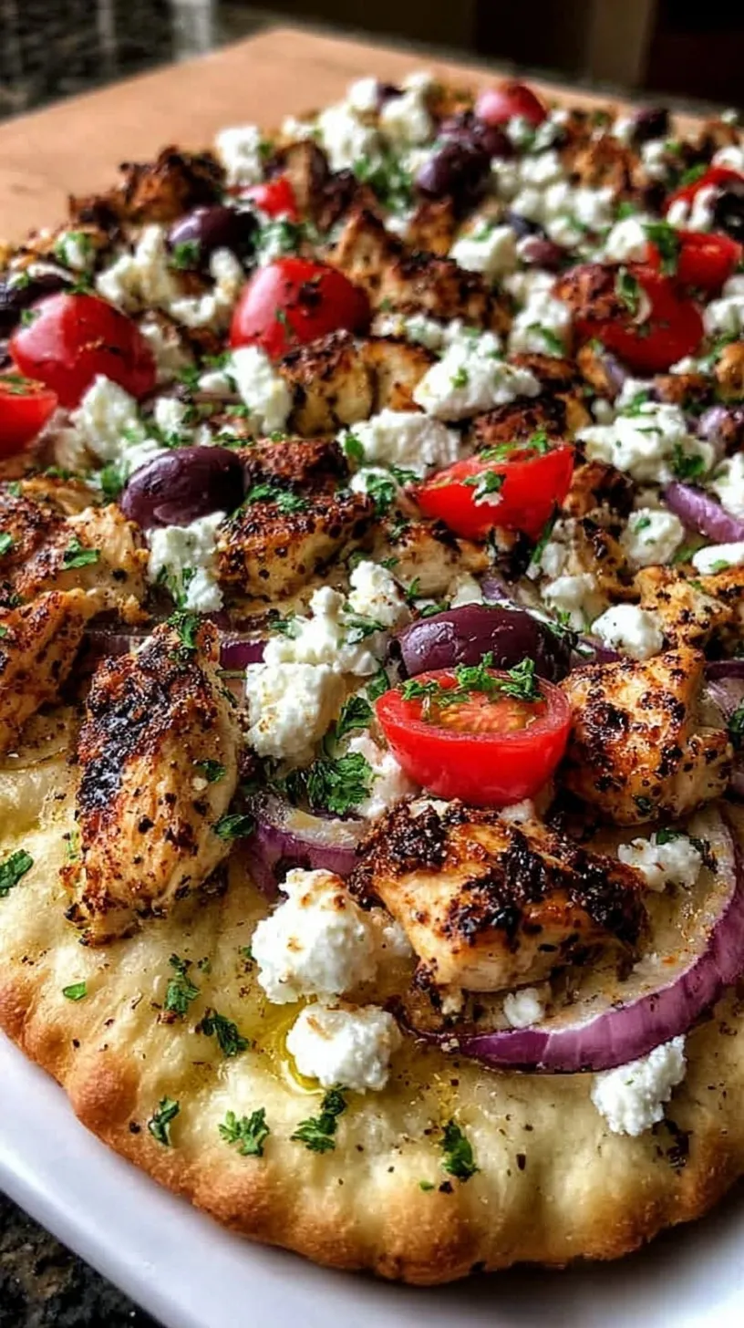 Two Greek Chicken Pita Pizzas on a baking sheet with fresh cucumber and parsley toppings.