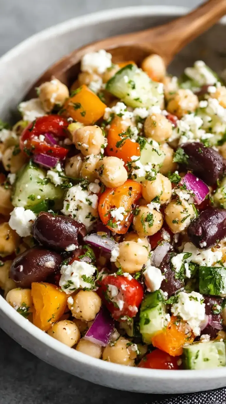 A colorful Greek chickpea salad in a white bowl with feta and olives