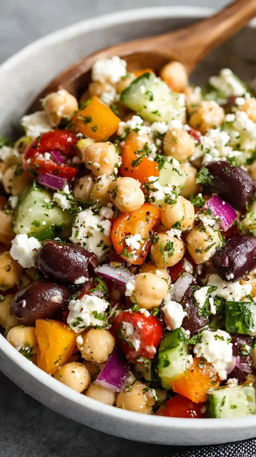 A colorful Greek chickpea salad in a white bowl with feta and olives