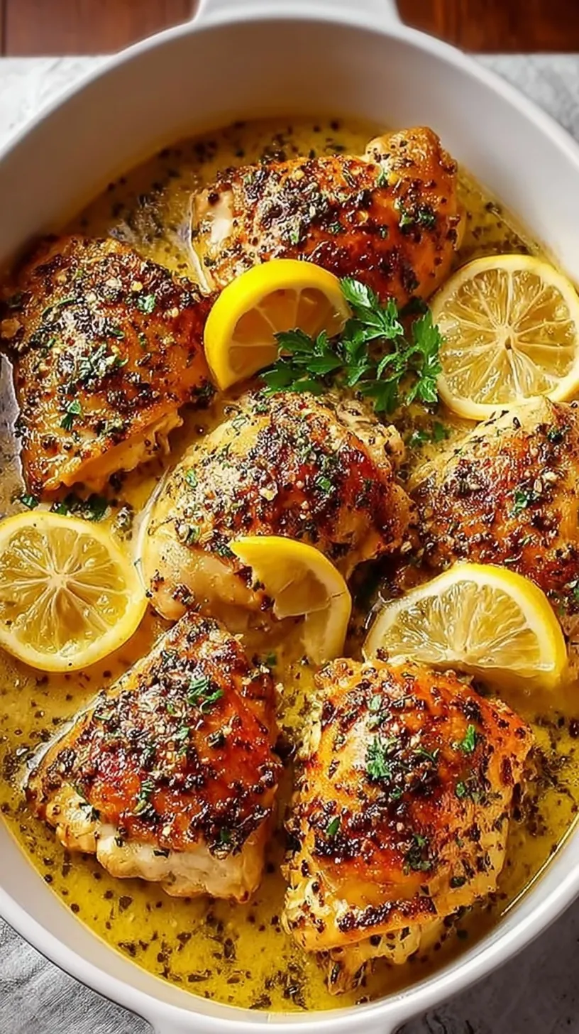 Roasted Greek lemon chicken pieces and potato wedges in a pan with fresh parsley garnish