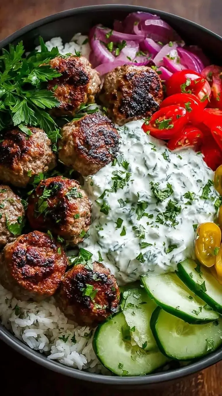 A colorful Greek Meatball Bowl with lemon rice, fresh cucumbers, and creamy tzatziki sauce