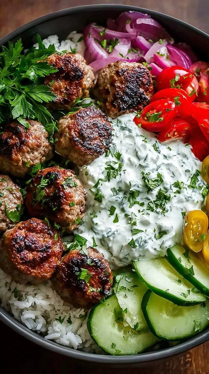 A colorful Greek Meatball Bowl with lemon rice, fresh cucumbers, and creamy tzatziki sauce