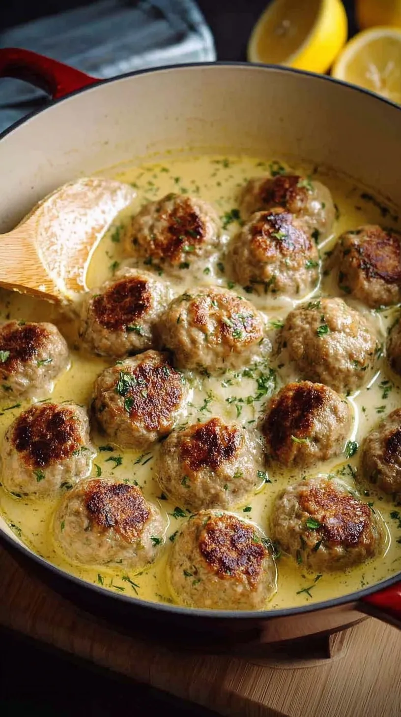 Tender Greek meatballs in a creamy yellow lemon sauce garnished with fresh herbs in a skillet