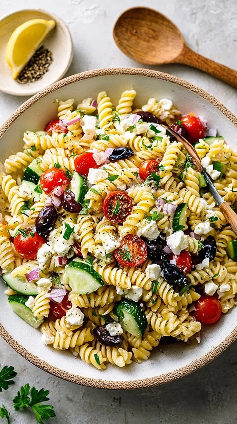 A colorful bowl of Greek Pasta Salad with rotini, tomatoes, cucumbers, and feta cheese