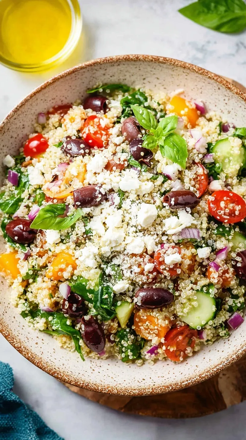 A vibrant bowl of Greek Quinoa Salad with fresh cucumbers, cherry tomatoes, and feta cheese