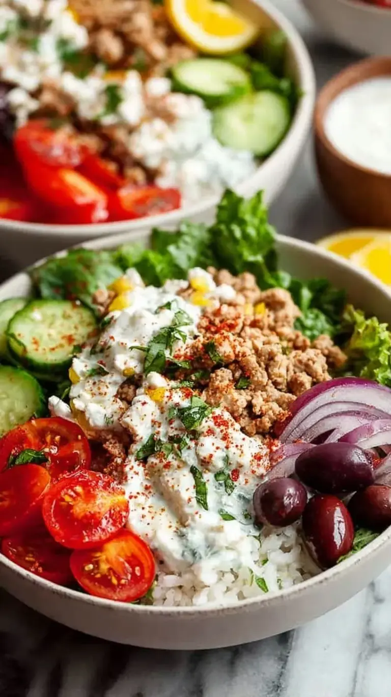 A vibrant Greek Turkey Rice Bowl with fresh cucumbers, tomatoes, olives, and a dollop of tzatziki sauce.