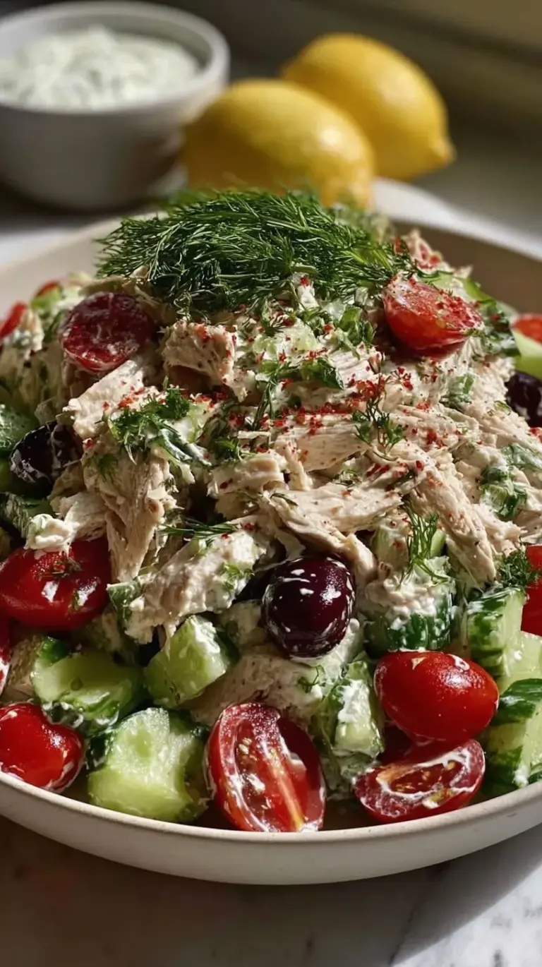 A bowl of creamy Greek Tzatziki Chicken Salad with olives, tomatoes, and feta cheese.