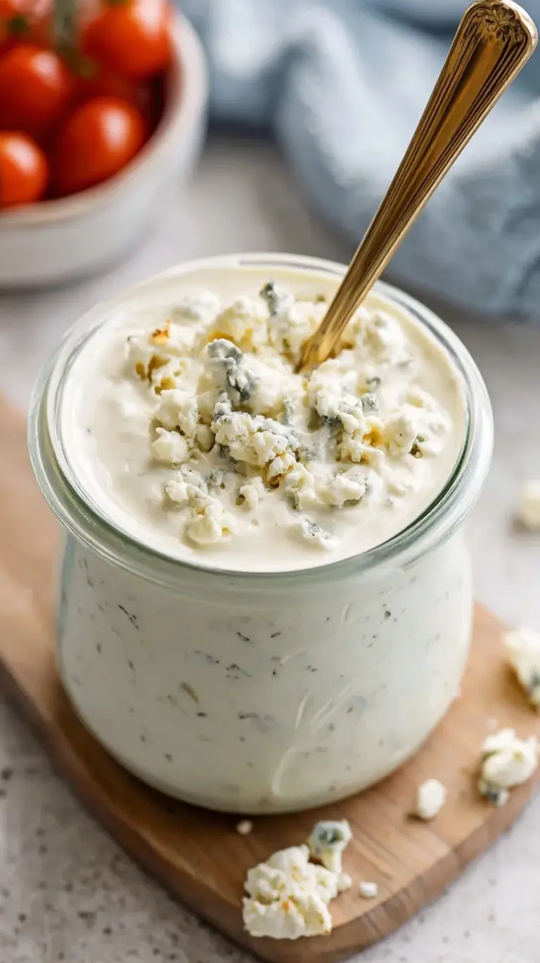 A bowl of creamy Greek yogurt blue cheese dressing topped with fresh chives and blue cheese crumbles.