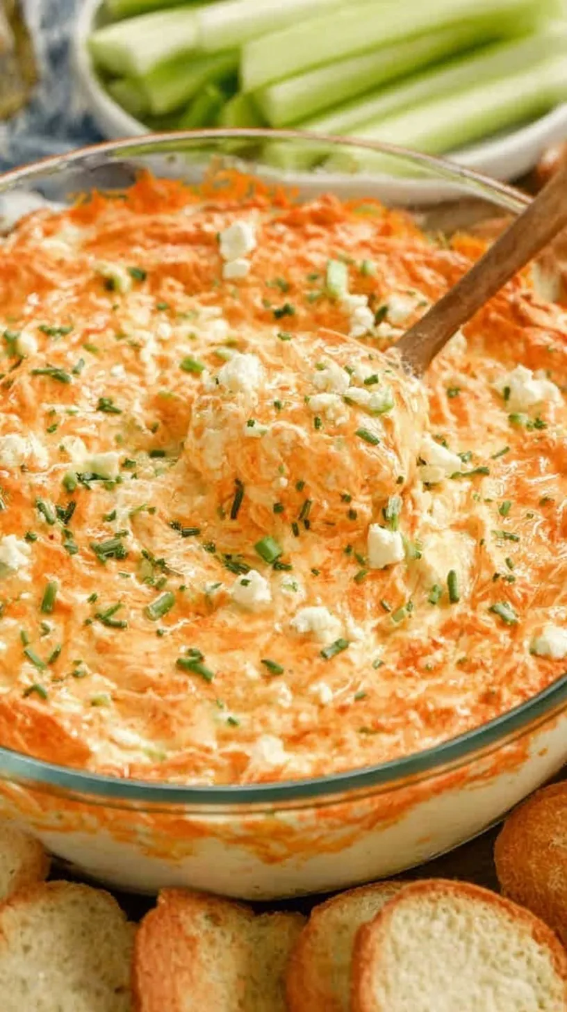 A white baking dish filled with bubbling buffalo chicken dip topped with melted cheese and fresh chives.