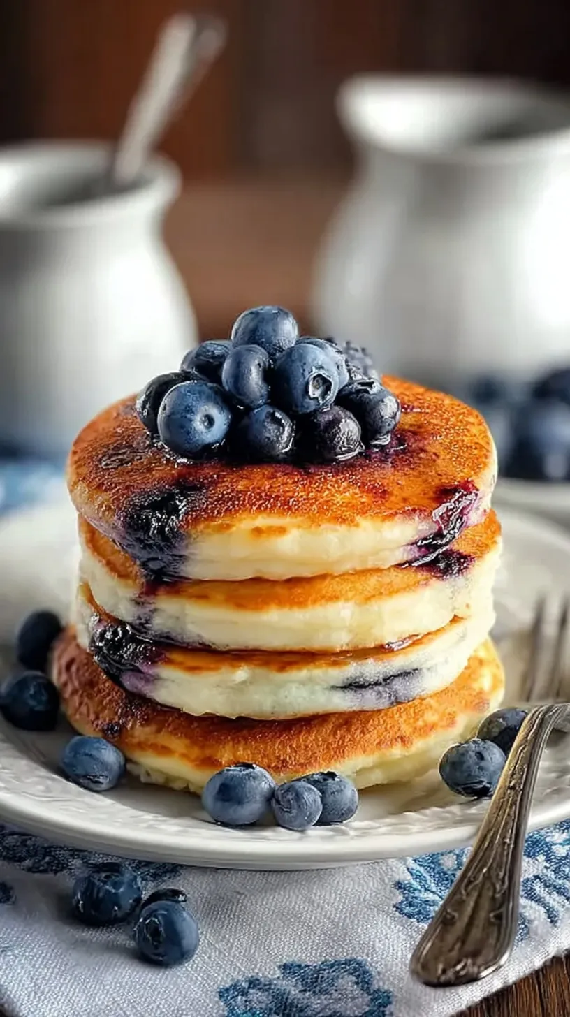 A stack of fluffy pancakes topped with fresh blueberries and a drizzle of honey on a white plate.