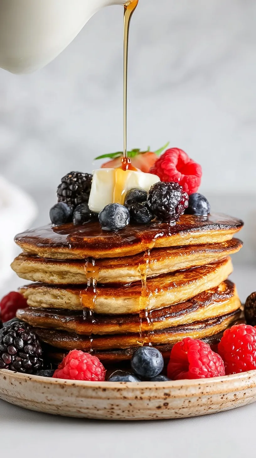 A stack of golden brown Greek yogurt pancakes topped with fresh berries and syrup.