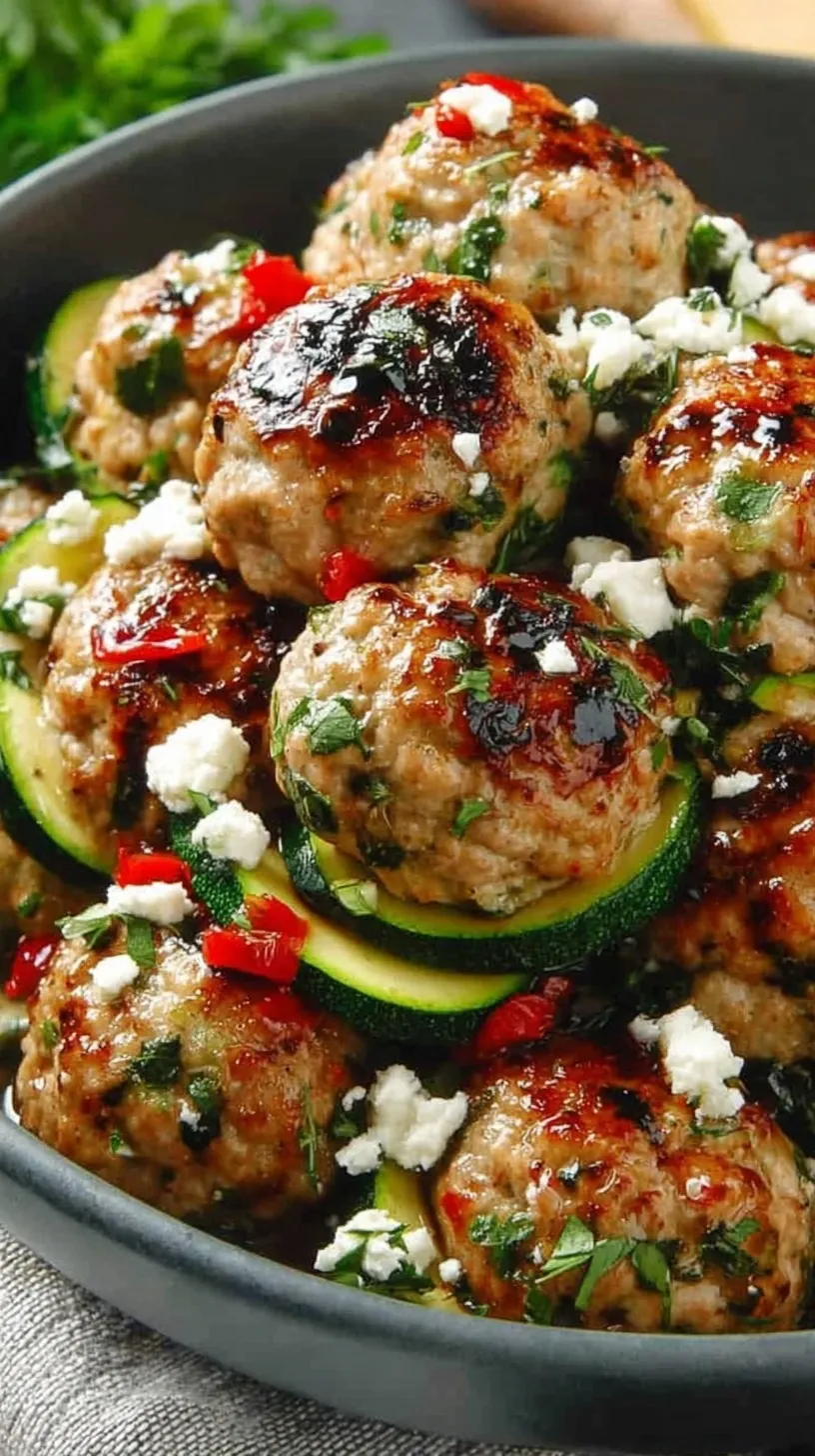 Golden brown Greek turkey meatballs on a baking sheet with fresh herbs and feta