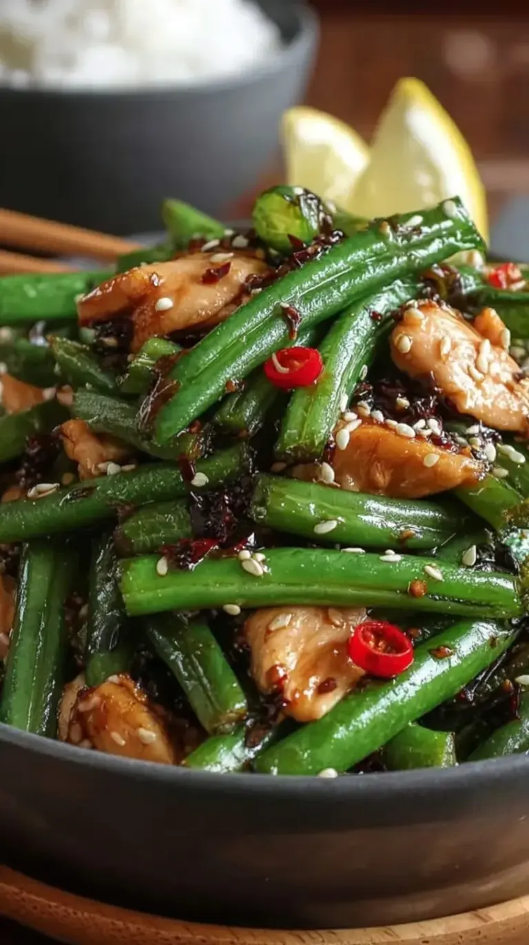A glossy green bean and chicken stir fry served in a dark skillet with fresh ginger and garlic.