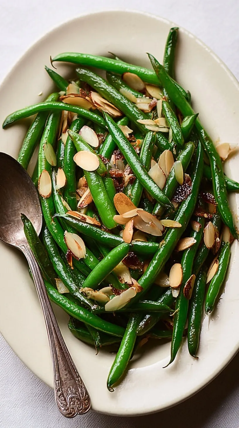 Fresh green beans sautéed with golden toasted almonds and lemon in a skillet.