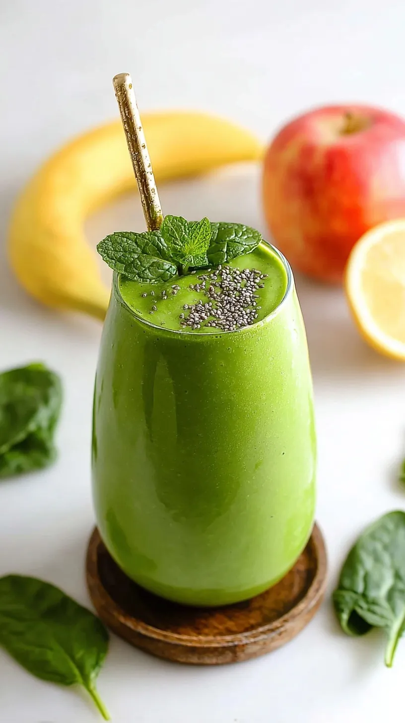 A vibrant green smoothie in a glass with fresh cucumber and kale leaves on the side