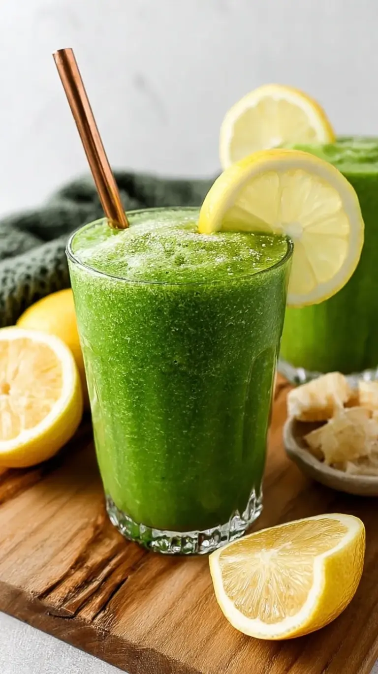 A vibrant green lemonade smoothie in a tall glass with a lemon slice garnish