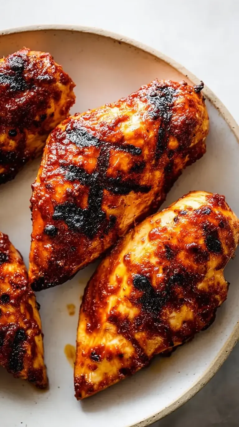 Golden brown grilled BBQ chicken breasts with a caramelized glaze on a white platter