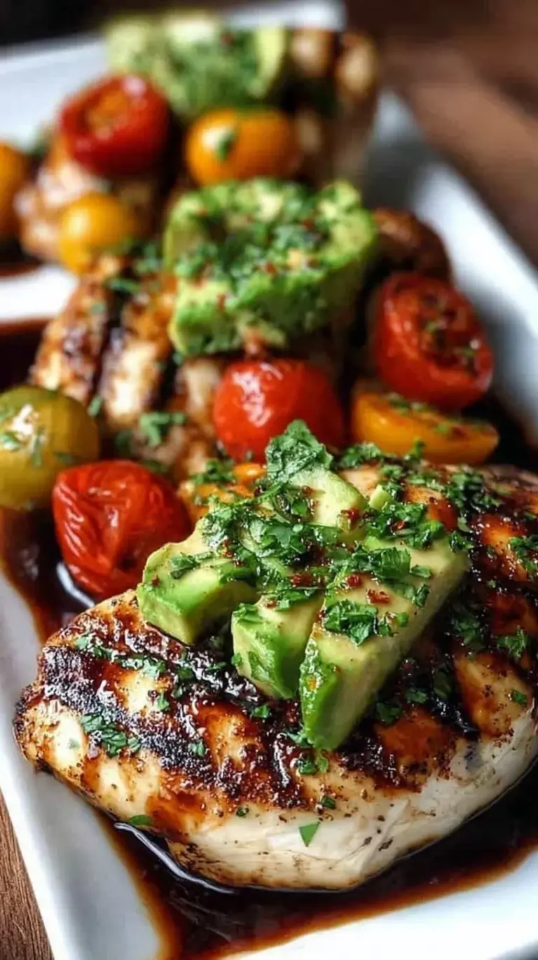 Grilled chicken breast topped with melted mozzarella, sliced avocado, tomato, and balsamic glaze