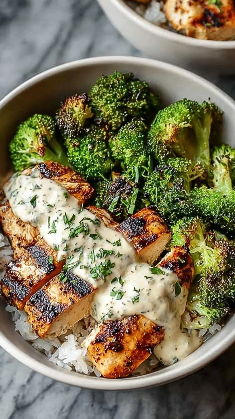 A white bowl filled with grilled chicken cubes, steamed broccoli, and white rice drizzled with creamy garlic sauce.