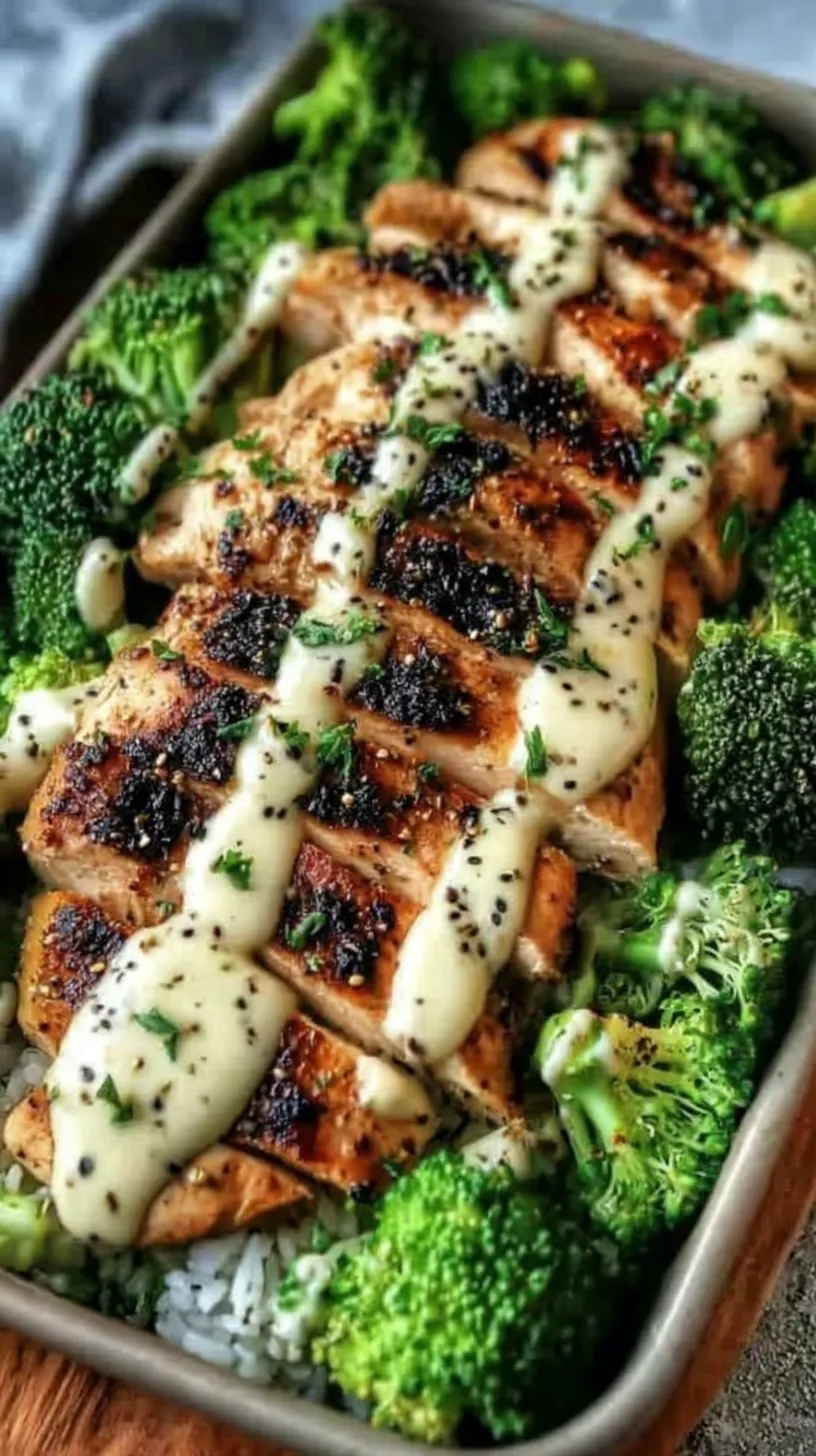 A white bowl filled with grilled chicken strips, steamed broccoli, and rice, drizzled with creamy white garlic sauce.