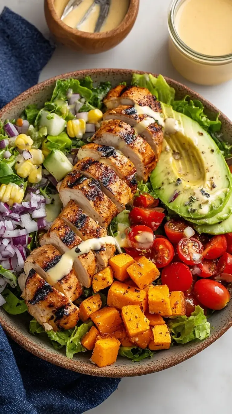 A fresh grilled chicken salad with sliced chicken breast, cherry tomatoes, and cucumbers on a bed of mixed greens.