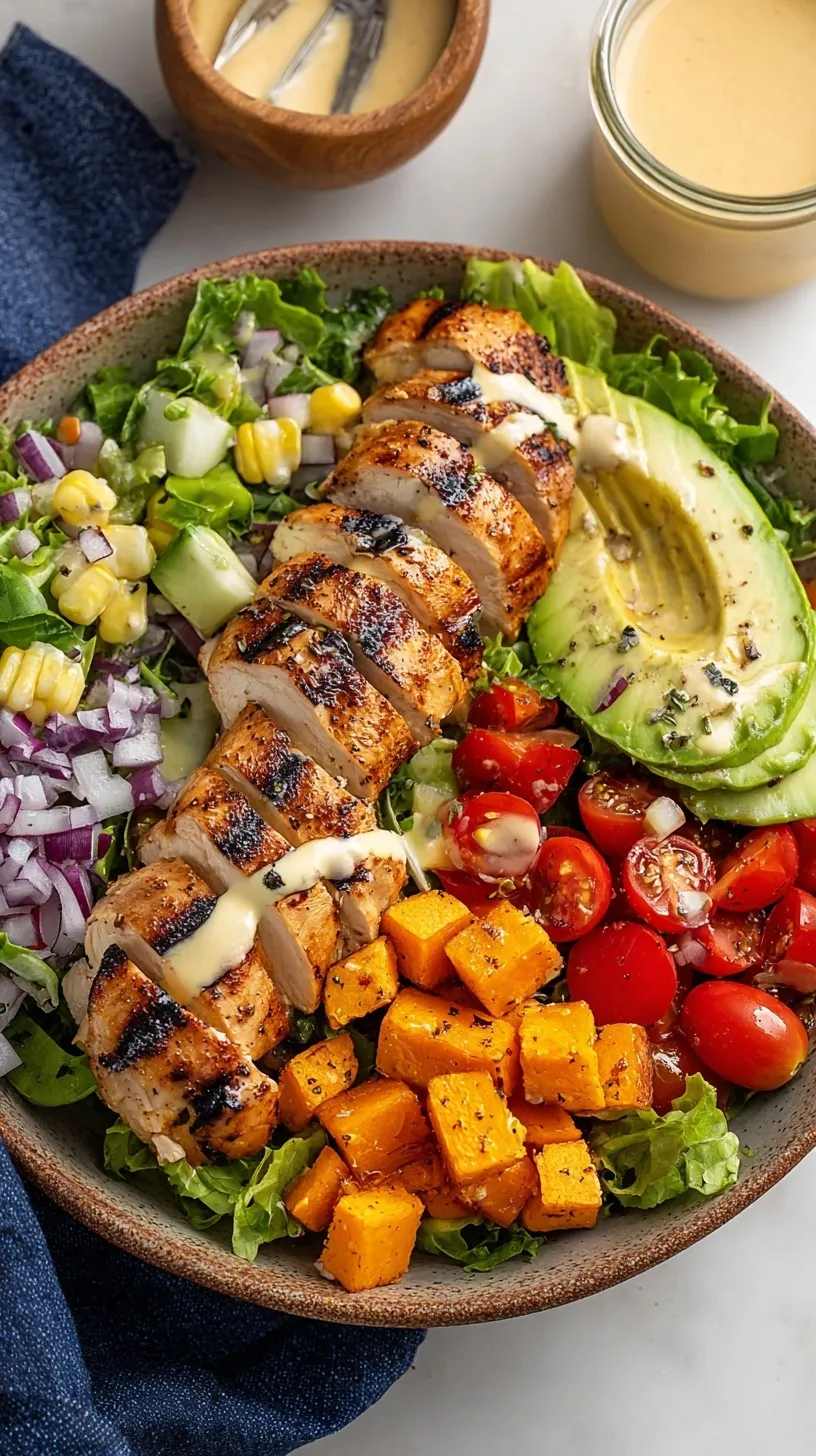 A fresh grilled chicken salad with sliced chicken breast, cherry tomatoes, and cucumbers on a bed of mixed greens.