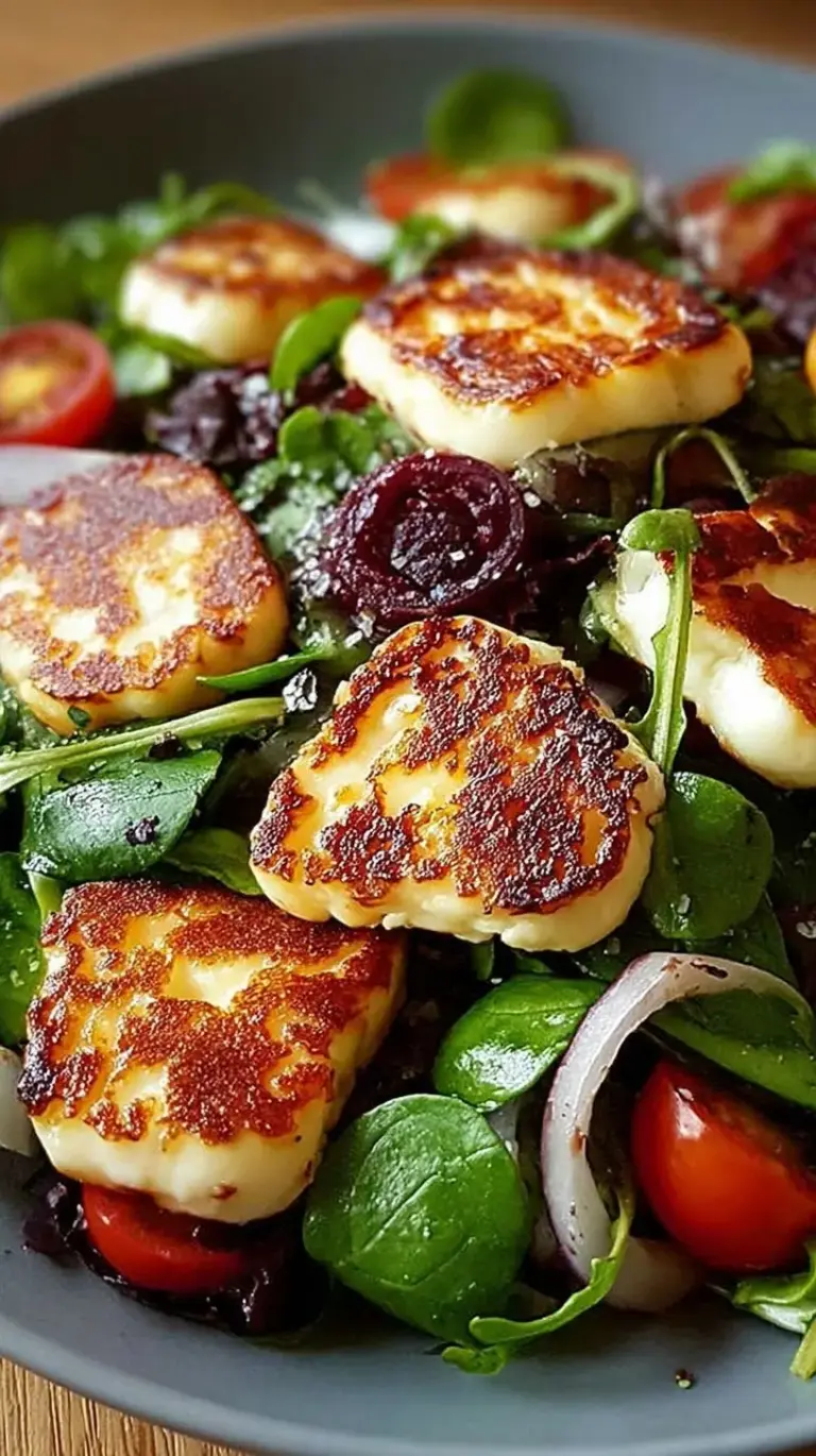 Golden grilled halloumi slices resting on a bed of fresh greens and cherry tomatoes